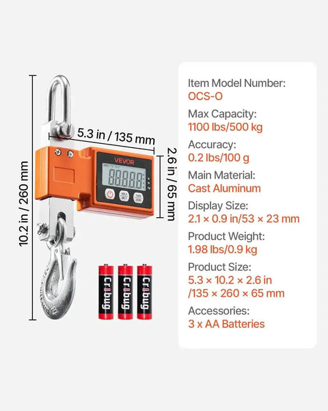 Digital Crane Scale 1100 Lbs 500 Kg Capacity With Cast Aluminum Case LCD Display featured with hook and specifications