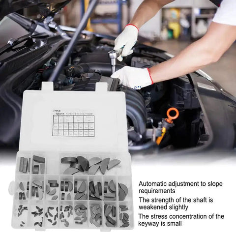 Mechanic using 135 Piece Gear Keyway Assortment Set For Flywheels Pulleys Cranks And More in auto repair with organized box