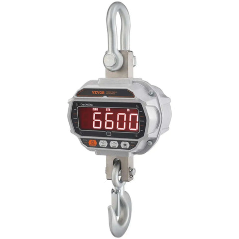 Digital Crane Scale 6600 Lbs 3000 Kg Heavy Duty Hanging Scale With Remote Control LED Display 5 Digit Readout 4 cm Tall Digits Cast Aluminum Case
