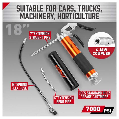 HORUSDY heavy-duty grease gun with 18-inch flex hose, 7000 PSI, 14 oz cartridge, includes 2 extensions and 2 couplers
