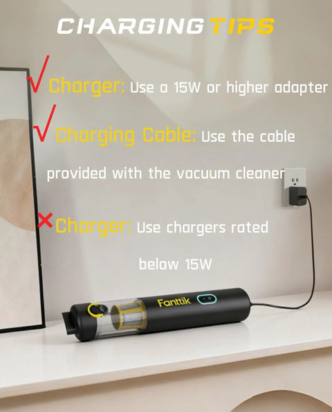 Fanttik Slim V8 APEX car vacuum, black handheld with yellow accent and transparent dust canister, plugged in.