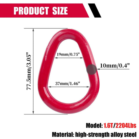 Pear Shaped Lifting Link Forged G80 Alloy Steel Teardrop Design with dimensions, 1.6 Ton capacity, in red color.