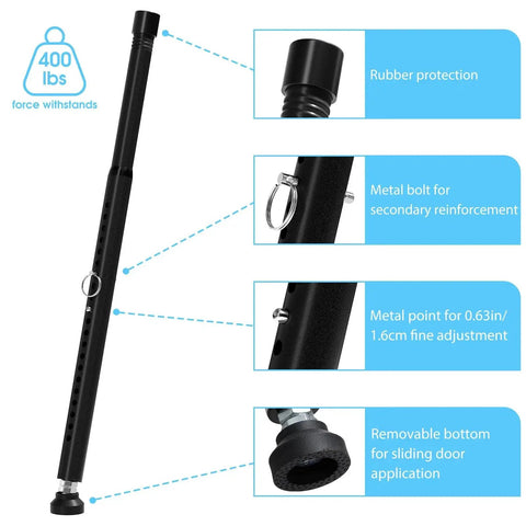 Two In One Sliding Door Security Bar Adjustable From 16 To 51 Inches Two Pack Heavy Duty Interior Window And Patio Door Security Rod Black Childproof Extra Long Fits Most Sliding Glass Doors And Windows With Adjustable Width For Easy No Tool Installation, black security bar with detailed features displayed, such as rubber protection and removable bottom