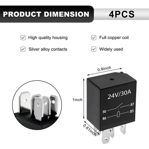Heavy Duty 24V 30A 4 Pin Car Starter Relay, shown with dimensions and specifications, waterproof automotive relay switch.
