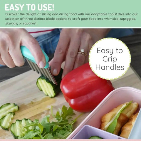 Person using stainless steel crinkle cutter with mint handle on cucumber slices, clear view of blue, mint, lime handles in action.