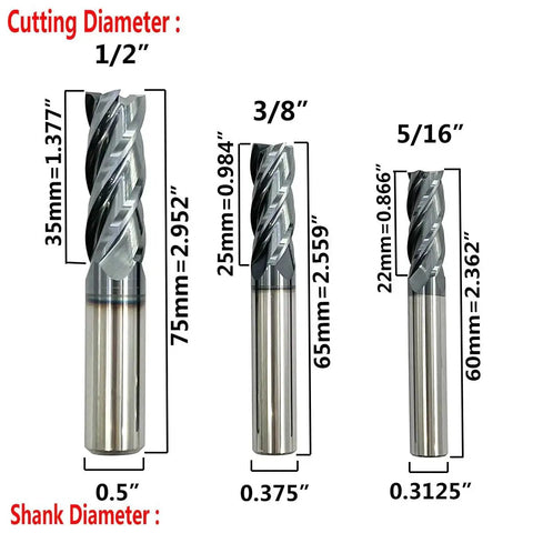 Six Piece Carbide Square End Mill Set Four Flute AlTiN Coated HRC 45 Tungsten Steel Milling Bits for CNC Machining and Metalworking