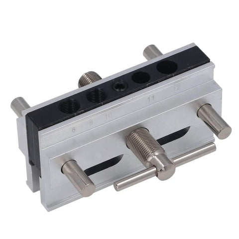 Self Centering Doweling Jig Kit With Adjustable Width Drilling Guide And Six Bushings, silver finish, front view