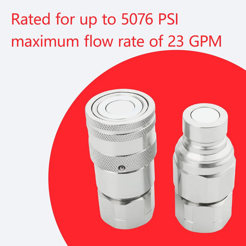 Two silver 1/2-inch NPT skid steer hydraulic quick-connect couplers with dust caps, flat-face ISO16028