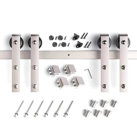 Heavy Duty 8 Ft Brushed Nickel Double Sliding Barn Door Hardware Track Kit With J Pulley For Ultra Smooth Quiet Glide Easy Install Ball Bearing Rollers Anti Rust Steel Rails Built For Two 24 Inch Wide Doors DIY Friendly