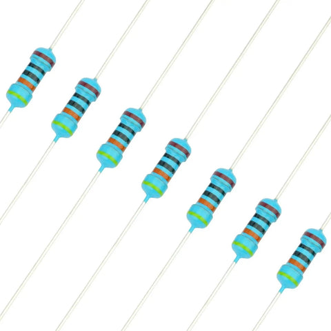 Blue axial metal-film resistors with color-bands; eight pieces shown.