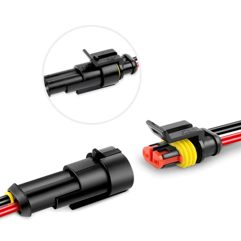 Nilight 50020R 2-pin waterproof automotive wire connector with red/black leads, 16AWG, black housing, 10-pack