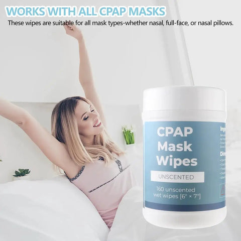 Unscented Alcohol Free CPAP Mask Wipes 160 Count Canister For Mask Tubes next to woman waking up in bed