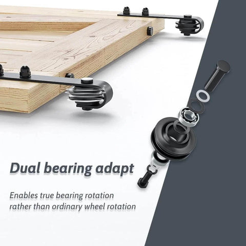 Close-up of a sliding door track showing dual bearing system on Lite Version Black 6.6 Foot Barn Door Hardware Kit With Sliding Track System.
