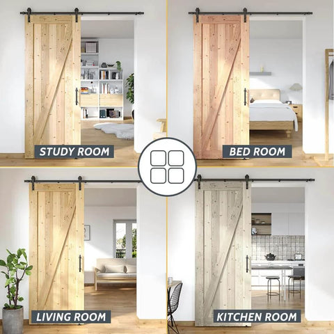 Lite Version Black 6.6 Foot Barn Door Hardware Kit With Sliding Track System showcased in living, kitchen, study, bed rooms