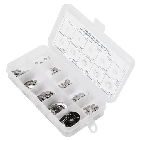 120 Piece E Clip Set In Stainless Steel External Retaining Rings Circlips From 1.5mm To 10mm with organized case viewed from top