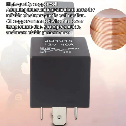 Black 4 Pin SPST 12V 40A car relay with copper coil detail, part of harness kit, text highlights copper coil performance.