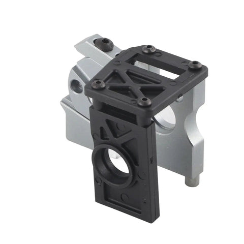 One Eighth Scale RC Brushless Motor Mounting Kit Sturdy Motor Base Mounting Holder With Fixed Mount Go To Easy Install Conversion Kit Accessory For One Eighth Electric RC Cars Reliable Durable Motor Mount To Power Your Ride shown in aluminum and black plastic with fixed mounting holes