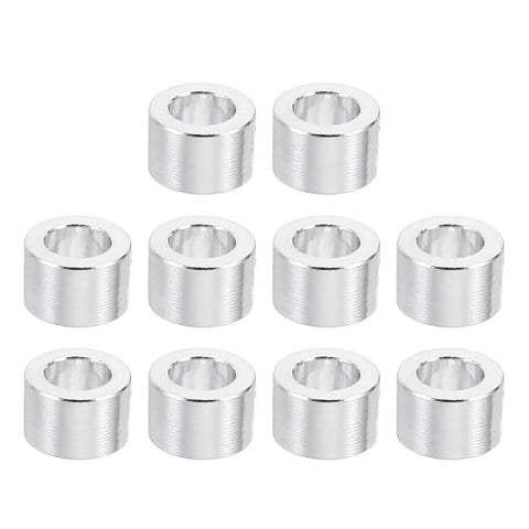10 Pack M3 Aluminum Spacers, 3.1mm ID x 5mm OD x 4mm L, shown in silver, for RC rigs and electronics.