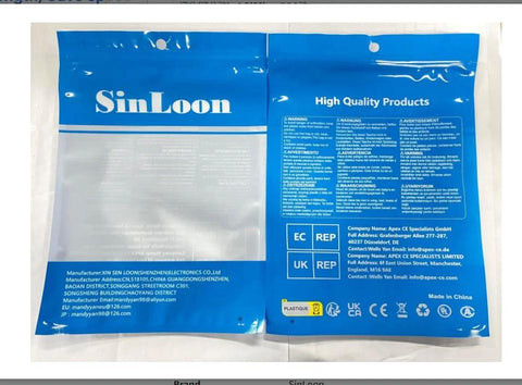 Two blue SinLoon plastic packaging bags for Visual Fault Locator, front and back views