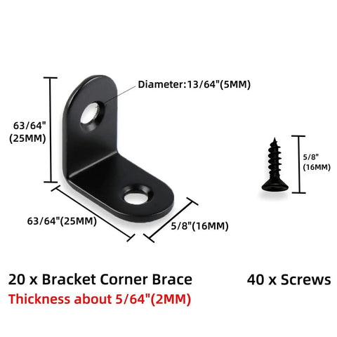 1 Inch L Brackets For Wood 20 Pack, 2mm thick black stainless steel corner brace with screws, dimensions and included parts.