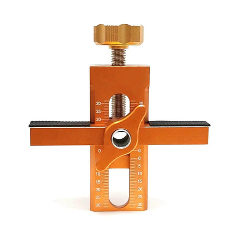 All Purpose Aluminum Cabinet Door Mounting Jig With Adjustable Positioner in orange, front view, for precise door installations.
