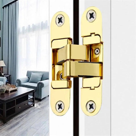 2Pcs Three Dimensional Invisible Door Hinges For Wooden Doors Black Hidden Hinges 180 Degree Swing Inside And Outside Left Hand For Folding Doors Durable Low Profile Hardware Modern Hidden Mount, shown installed on a white door with a gold finish.