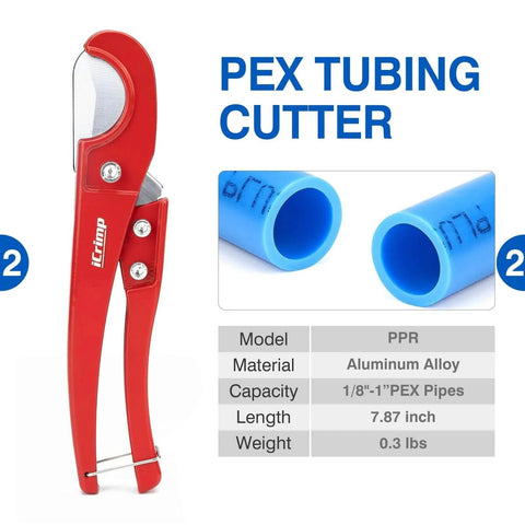 Red PEX tubing cutter and blue PEX pipes with product specifications including model, material, and capacity.