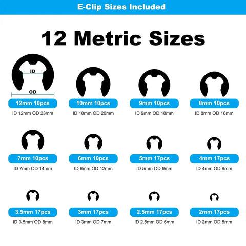 All-In-One Pro-Grade 324Pcs C Clips And E Clips Kit With 24 Sizes From 2Mm To 16Mm Black Carbon Steel External Snap Rings Retaining Chart