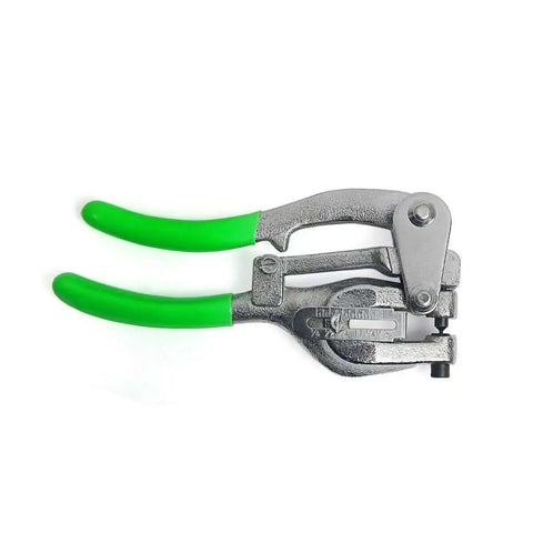 Heavy duty punch tool with green grips, part of 1 Ton Power Hole Punch Kit With 7 Die Sizes For Sheet Metal And DIY Repairs