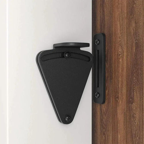 Barn Door Lock Hardware Black Steel Sliding Privacy Latch on wood door with durable carbon steel and black powder coat finish.
