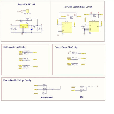 Circuit schematic for Pro Grade BLDC Motor Controller For FOC Shields with IR2104 and INA240 components for Arduino projects.