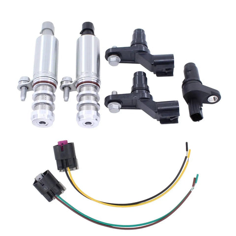 Engine VVT Solenoid Kit With Wire Connector For Chevy GMC Buick Pontiac Cars And SUVs Like Terrain Verano Regal Malibu HHR G6 Cobalt Captiva Aura Ion Vue LaCrosse And More Include Intake Exhaust Camshaft Position Sensor And Actuator, showing solenoids, connectors, and wires
