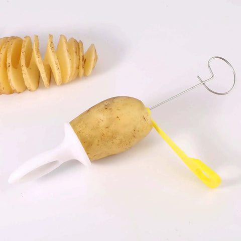 Manual Tornado Potato Spiral Cutter and Vegetable Spiralizer Crinkle Slicer Twisted Knife Kitchen Tool with potato on stick