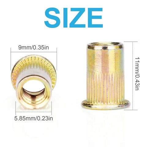 M5 Rivet Nuts 100 Pcs Zinc Plated Carbon Steel Flat Head Rivet Insert showing detailed measurements and knurled texture.