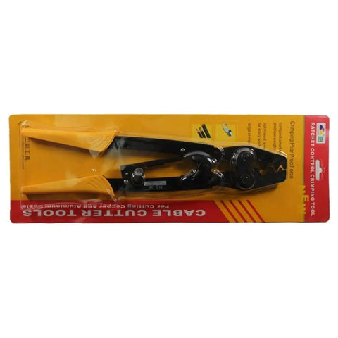 Labor-Saving Ratchet Terminal Crimping Pliers 5.5-38mm2 in packaging, high carbon steel ergonomic handle, displayed on yellow and red background