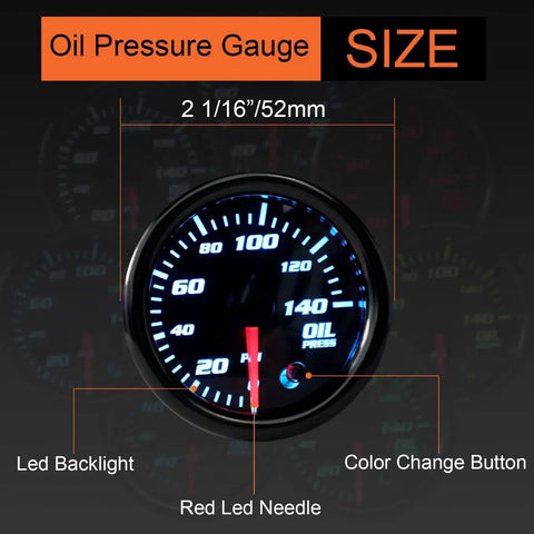 7 Color LED Backlit Oil Pressure Gauge 0-140 PSI 52mm 2 And 1 16 Inch Dial with Sensor displayed with LED needle