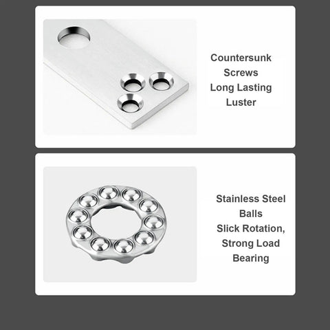 Hidden Door Hinge 360 Degree Pivot Beefy Heavy Duty Concealed Hinge For Bookcase And Murphy Doors 220 Lb Load Bearing Stainless Steel With Ball Bearing System Smooth Quiet Swing Rust Resistant Built To Last Easy Install, showing countersunk screws and stainless steel ball bearings.