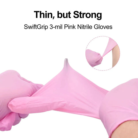 Demonstration of Pink Nitrile Gloves 3 Mil Latex Free Powder Free for Cleaning 100 Count, highlighting stretch and strength.
