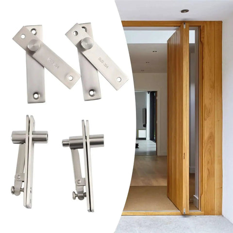 Heavy Duty 360 Degree Rotating Hidden Bookcase Hinges Set For Secret Doors And Pivot Door Installations Stainless Steel Concealed Hinges Ultra Stable Hidden Pivot Hinges 2 Sets shown installed on a wood door.