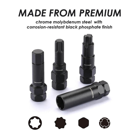 16 Piece Locking Lug Nut Master Key Set with spline star hex keys, premium CR-Mo steel, corrosion-resistant finish, close-up view.