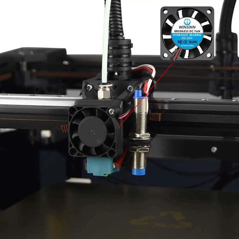 40mm 24V Brushless Cooling Fan 40x10mm With 1m Cable installed on a 3D printer, showing front angle with wiring detail.