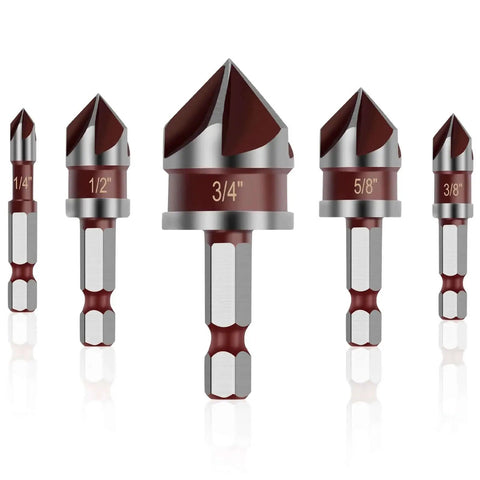 Versatile 82 Degree HSS Countersink Drill Bit Set For Wood Metal And Plastic With One Quarter Inch To Three Quarters Inch Hex Shank Five Piece Set For Fine Finishing And Precise Countersinking Every Time For Pros And DIYers, showing five HSS bits with hex shank sizes labeled.