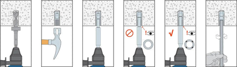 Installation steps for Fixed-Depth Drill Bit MDPL037DIA for Quarter-Inch Drop-In Anchors, showing drill, hammer, and anchor insertion.