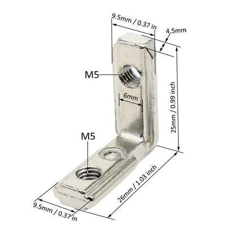 Close-up of L Shape Corner Connector Bracket Set for 20x20 Aluminum Extrusion Profiles with dimensions and zinc alloy material