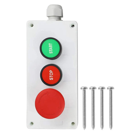 1 No Start 1 NC Stop Momentary Push Button Switch Set with red mushroom emergency stop, screws included, panel mount, industrial use
