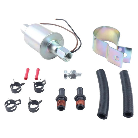 Universal 12V Electric Fuel Pump With Installation Kit SP1141 3/8 Inch Inlet And Outlet 5 To 9 PSI Compatible With Chevrolet Buick Plymouth Pontiac Carbureted Cars Replacement For Airtex E8090 components including hoses and clamps.