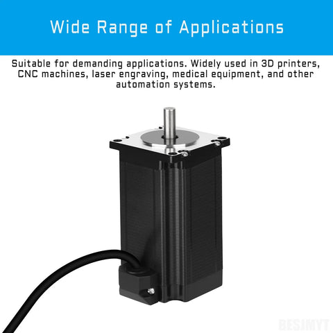NEMA 23 bipolar stepper motor with black finned housing, silver drive shaft, and attached power cable.