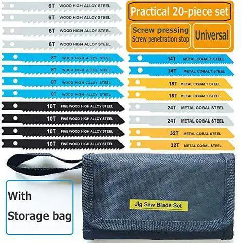 20 Piece Universal Jig Saw Blade Set With Tool Bag For Wood Plastic And Metal Cutting U Shank Compatible With Over 90 Percent Of Jigsaws From Bosch Makita Milwaukee Metabo And More, blades displayed with storage bag.
