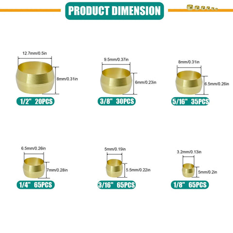 Brass compression ferrule set with six sizes; 1/2 in 20 pcs, 3/8 in 30 pcs, others 65 pcs each