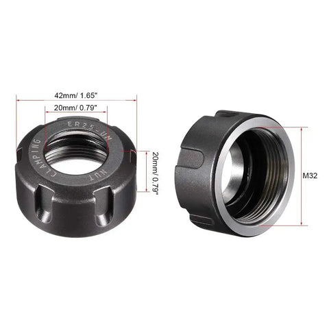 Front and side view of ER25-UM M32 Collet Clamping Nut, cast steel, 42x20mm size, 20mm hole, for CNC milling chuck holder and lathe.